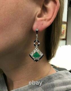 10 CT Art Deco Vintage Colombian Emerald & Diamond Dangle Earring In 925 Silver