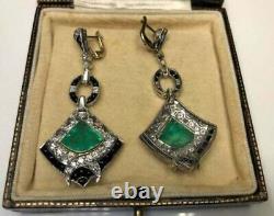 10 CT Art Deco Vintage Colombian Emerald & Diamond Dangle Earring In 925 Silver