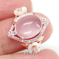 10 X 13 mm. ROSE QUARTZ, MOTHER OF PEARL CARVED & cubic zirconia RING 925 SILVER