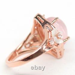 10 X 13 mm. ROSE QUARTZ, MOTHER OF PEARL CARVED & cubic zirconia RING 925 SILVER