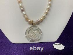 10K Gold Carved MOTHER OF PEARL Flower Pendant on Pastel Potato Pearl Necklace