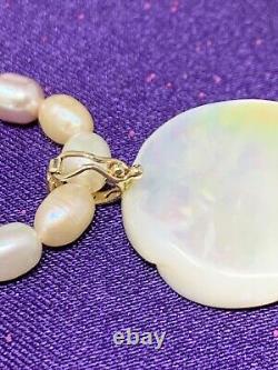10K Gold Carved MOTHER OF PEARL Flower Pendant on Pastel Potato Pearl Necklace