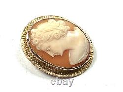 10KT YG Hand-Carved Left Facing Shell Cameo Pin/Brooch withSafety Clasp, Signed