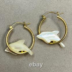 14K Gold Hoop Earrings Miami DOLPHINS 3/4 wide 2.32g Carved Mother of Pearl MOP