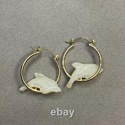 14K Gold Hoop Earrings Miami DOLPHINS 3/4 wide 2.32g Carved Mother of Pearl MOP