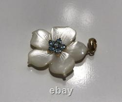14K Yellow Gold Carved Mother of Pearl Flower Blue Topaz Pendant