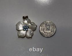 14K Yellow Gold Carved Mother of Pearl Flower Blue Topaz Pendant