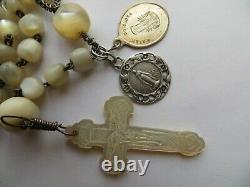 1800s Antique Crafted Mother of Pearl Beads Rosary-Carved MOP Cross/Sorrow Medal