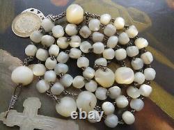 1800s Antique Crafted Mother of Pearl Beads Rosary-Carved MOP Cross/Sorrow Medal