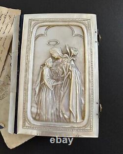 1869 Antique Church Book Natural Mother of Pearl Carved Gilding Pages Paris