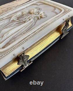 1869 Antique Church Book Natural Mother of Pearl Carved Gilding Pages Paris