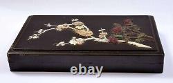 1900's Chinese Wood Lacquer Carved Mother Pearl Glass Embellished Inlay Box