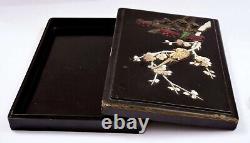 1900's Chinese Wood Lacquer Carved Mother Pearl Glass Embellished Inlay Box
