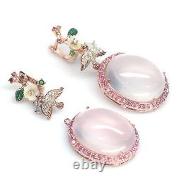 19X24mm Rose-Quartz Sapphire Mother Of Pearl Carved Earrings Silver 925 Sterling