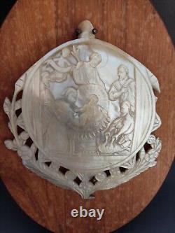 19thC Jerusalem Mother Of Pearl Carved Shell Religious JESUS NATIVITY PLAQUE