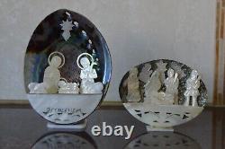 2 Rare Vintage Mother of Pearl The Birth of Jesus Christ Handmade Carved Shell