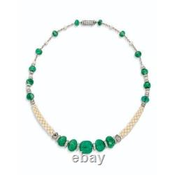 20th Century Carved Syn Emerald & Freshwater Pearl Necklace 925 SS Vintage Jewel