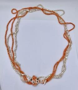 32 Inch Coral Flower Pearl Necklace 14 Karat Gold 4 Strand Hand Carved