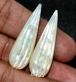 52.94 Cts Natural Mother Of Pearl Hand Made Carving Pair 37x12 mm Drops Gemstone
