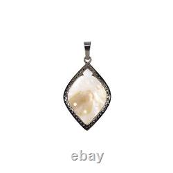 925 Sterling Carved mother of pearl silver Diamond pendant MOP charm