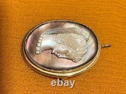 ANTIQUE VINTAGE RETRO 14K GOLD HAND-CARVED MOTHER OF PEARL BROOCH PENDANT 1950s