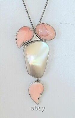 Amy Khan Sterling Silver Mother Of Pearl Carved Coral Brooch Pendant