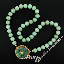 Antique 16 Bead Strand Necklace with Carved Green Jade Etched 14k Gold Pendant