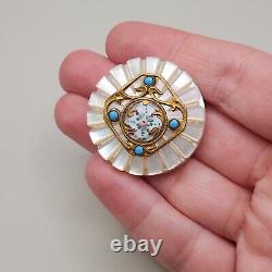 Antique Button Carved MOP Blue Enamel Brass Mother of Pearl Large Brooch RARE