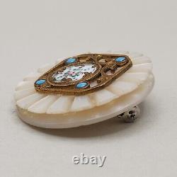 Antique Button Carved MOP Blue Enamel Brass Mother of Pearl Large Brooch RARE
