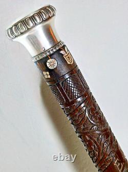 Antique Cane Wood Carved Mother-of-Pearl And Knob Solid Silver 19th Indochine