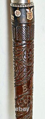 Antique Cane Wood Carved Mother-of-Pearl And Knob Solid Silver 19th Indochine