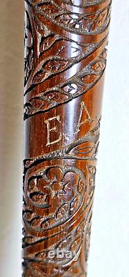 Antique Cane Wood Carved Mother-of-Pearl And Knob Solid Silver 19th Indochine