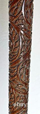 Antique Cane Wood Carved Mother-of-Pearl And Knob Solid Silver 19th Indochine