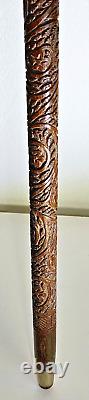 Antique Cane Wood Carved Mother-of-Pearl And Knob Solid Silver 19th Indochine