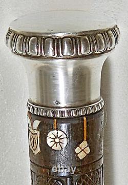 Antique Cane Wood Carved Mother-of-Pearl And Knob Solid Silver 19th Indochine