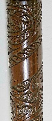 Antique Cane Wood Carved Mother-of-Pearl And Knob Solid Silver 19th Indochine