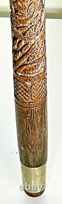 Antique Cane Wood Carved Mother-of-Pearl And Knob Solid Silver 19th Indochine