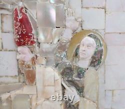 Antique Carved Mother of Pearl Coral Religious Plaque Mosaic Devotional Icon MOP