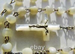 Antique Carved Mother of Pearl Rosary Beads & Center Cross Silver Jesus Corpus