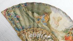Antique Carved Sticks And Mother Of Pearl Hand Painted Hand Fan XVIII