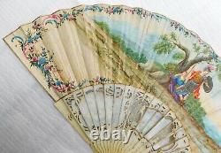 Antique Carved Sticks And Mother Of Pearl Hand Painted Hand Fan XVIII