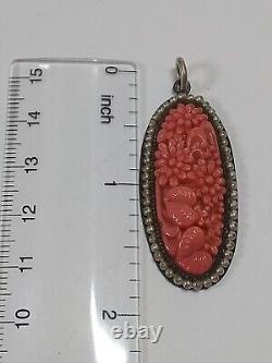 Antique Chinese Silver Gilded with Czech Carved Orange Glass Simulat Pearl Pendant