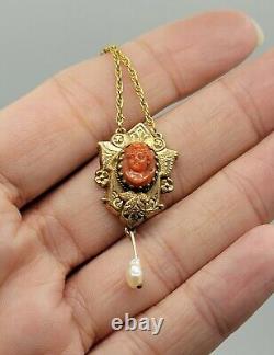 Antique Coral Pearl Necklace 14K GF Carved Cameo Victorian Jewelry Stunning