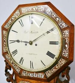 Antique English Regency 8 Day Twin Fusee Inlaid Rosewood Drop Dial Wall Clock