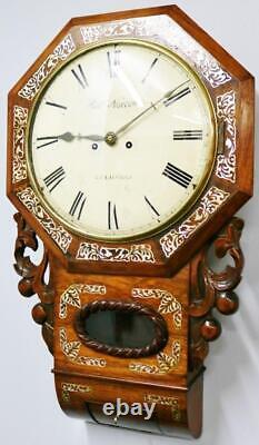 Antique English Regency 8 Day Twin Fusee Inlaid Rosewood Drop Dial Wall Clock