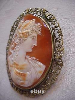 Antique HUGE 3 Carved Shell Cameo Brooch HERA QUEEN of HEAVEN Filigree Mount
