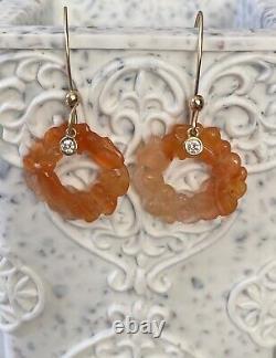 Antique Hand Carved Carnelian 14k Yellow Gold Diamond Floral Wreath Earrings