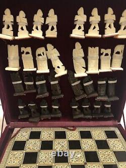 Antique Handmade Chess Set Mother Of Pearl Inlaid Board Carved Camel Bone Pieces