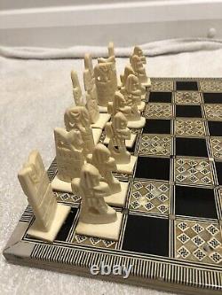 Antique Handmade Chess Set Mother Of Pearl Inlaid Board Carved Camel Bone Pieces