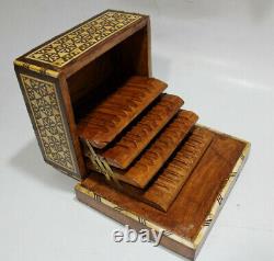 Antique Handmade Wood Cigarette Box Carved Inlaid Mother Of Pearl 40 Cigarettes